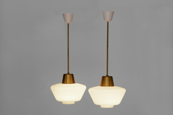 Pair of brass ceiling lights from ASEA. Hand blown opaline glass shades. Sweden 1960s. - Image 2