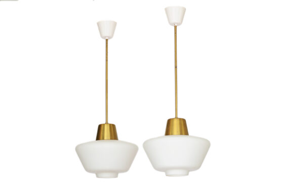 Pair of brass ceiling lights from ASEA. Hand blown opaline glass shades. Sweden 1960s. - Image 3