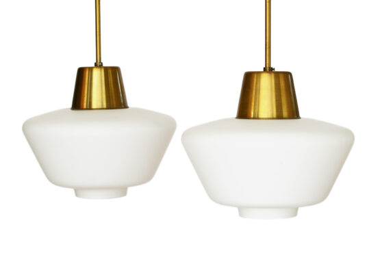 Pair of brass ceiling lights from ASEA. Hand blown opaline glass shades. Sweden 1960s. - Image 6