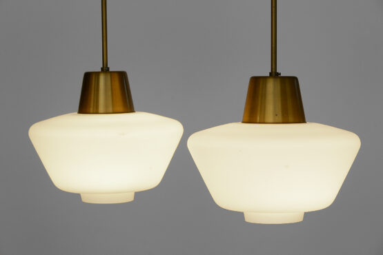 Pair of brass ceiling lights from ASEA. Hand blown opaline glass shades. Sweden 1960s. - Image 7