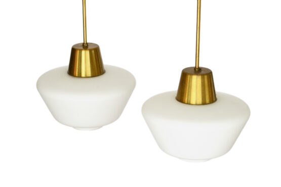 Pair of brass ceiling lights from ASEA. Hand blown opaline glass shades. Sweden 1960s. - Image 5