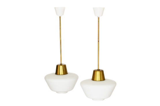 Pair of brass ceiling lights from ASEA. Hand blown opaline glass shades. Sweden 1960s. - Image 4