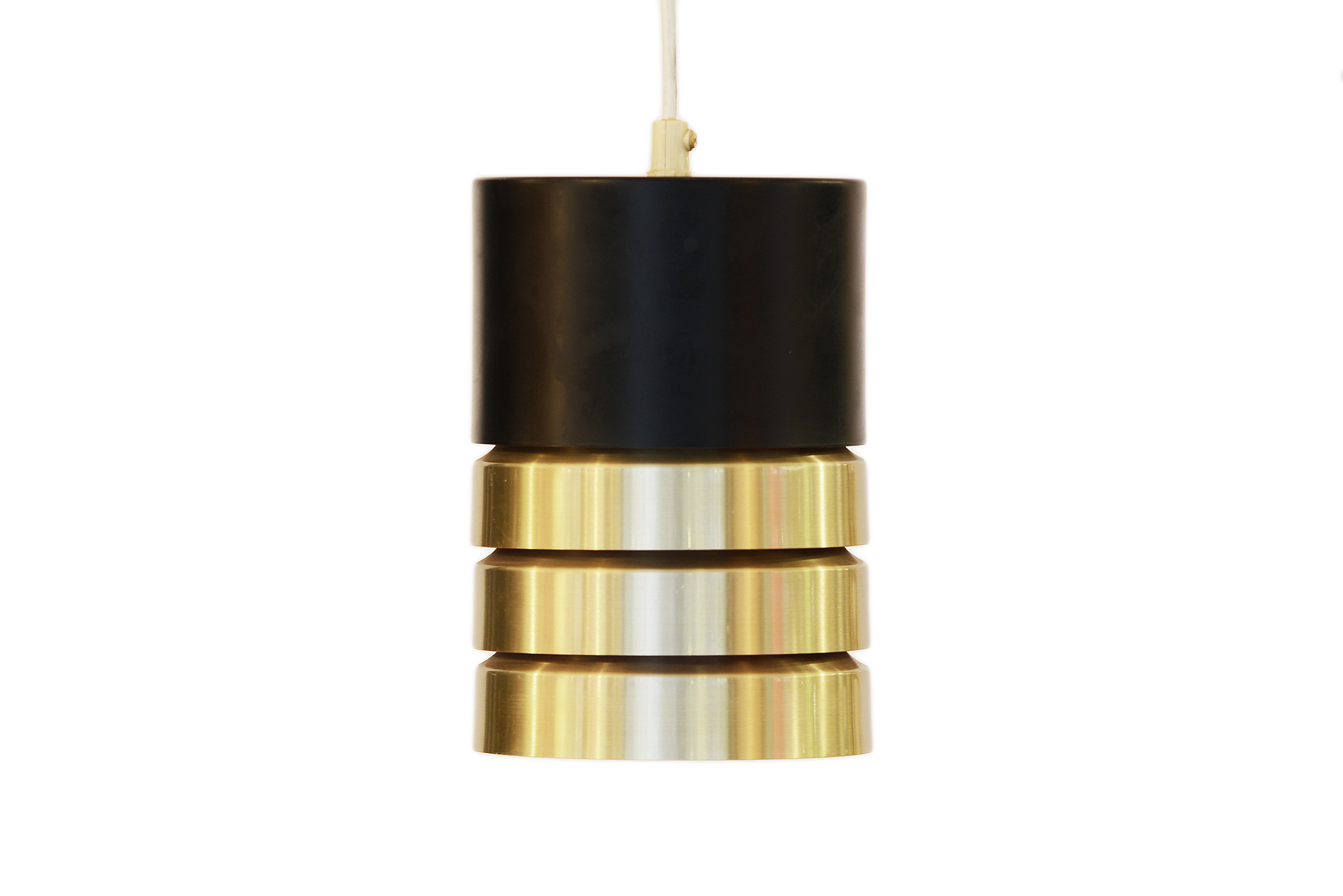 Gold and matte black aluminum pendant light. Denmark 1960s