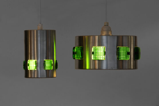 Pair of brushed aluminum pendant lights with green glass prisms. Sweden 1960s - Image 2
