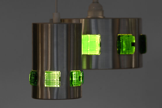 Pair of brushed aluminum pendant lights with green glass prisms. Sweden 1960s - Image 7
