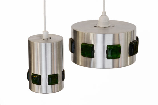 Pair of brushed aluminum pendant lights with green glass prisms. Sweden 1960s - Image 3
