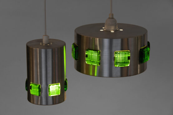 Pair of brushed aluminum pendant lights with green glass prisms. Sweden 1960s - Image 4