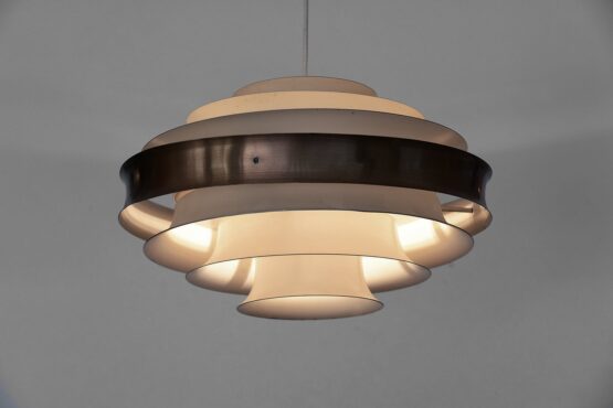 Large layered metal pendant light in cream white and copper. Sweden 1960s. - Image 2