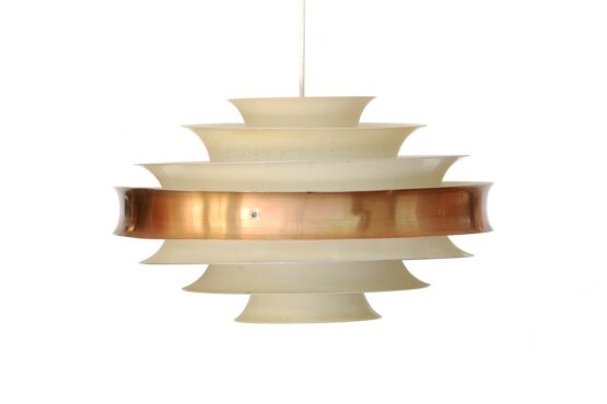 Large layered metal pendant light in cream white and copper. Sweden 1960s. - Image 3