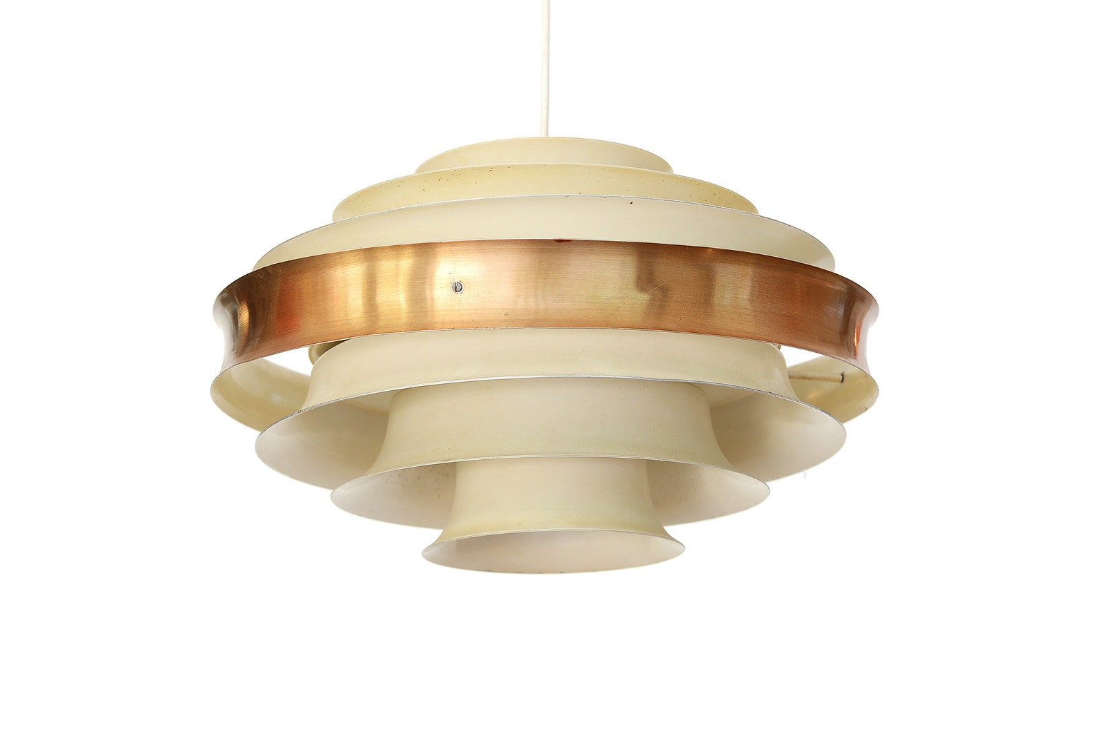 Large layered metal pendant light in cream white and copper. Sweden 1960s.