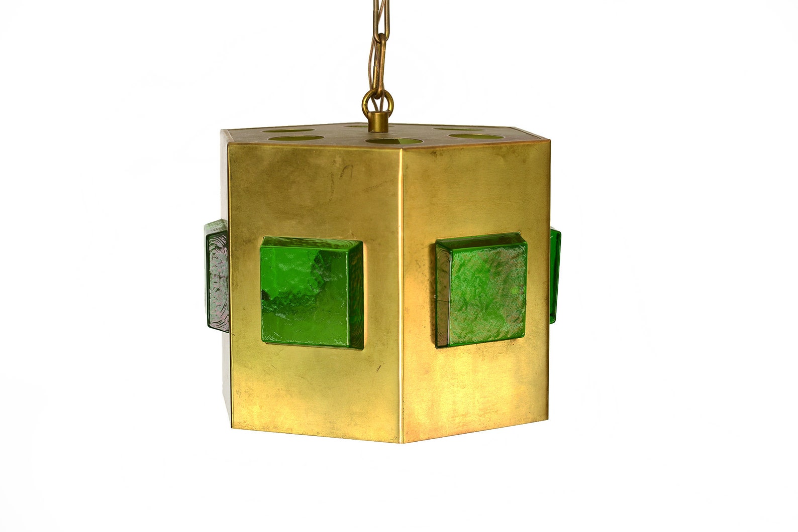 Brass pendant light with thick heavy glass prisms. Sweden 1960s