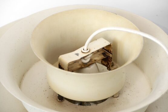 Large layered metal pendant light in cream white and copper. Sweden 1960s. - Image 8