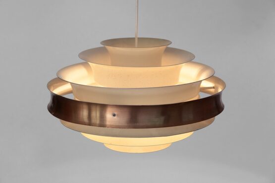 Large layered metal pendant light in cream white and copper. Sweden 1960s. - Image 6