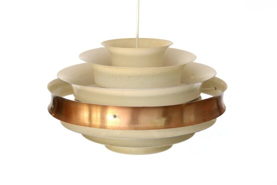 Large layered metal pendant light in cream white and copper. Sweden 1960s. - Image 5