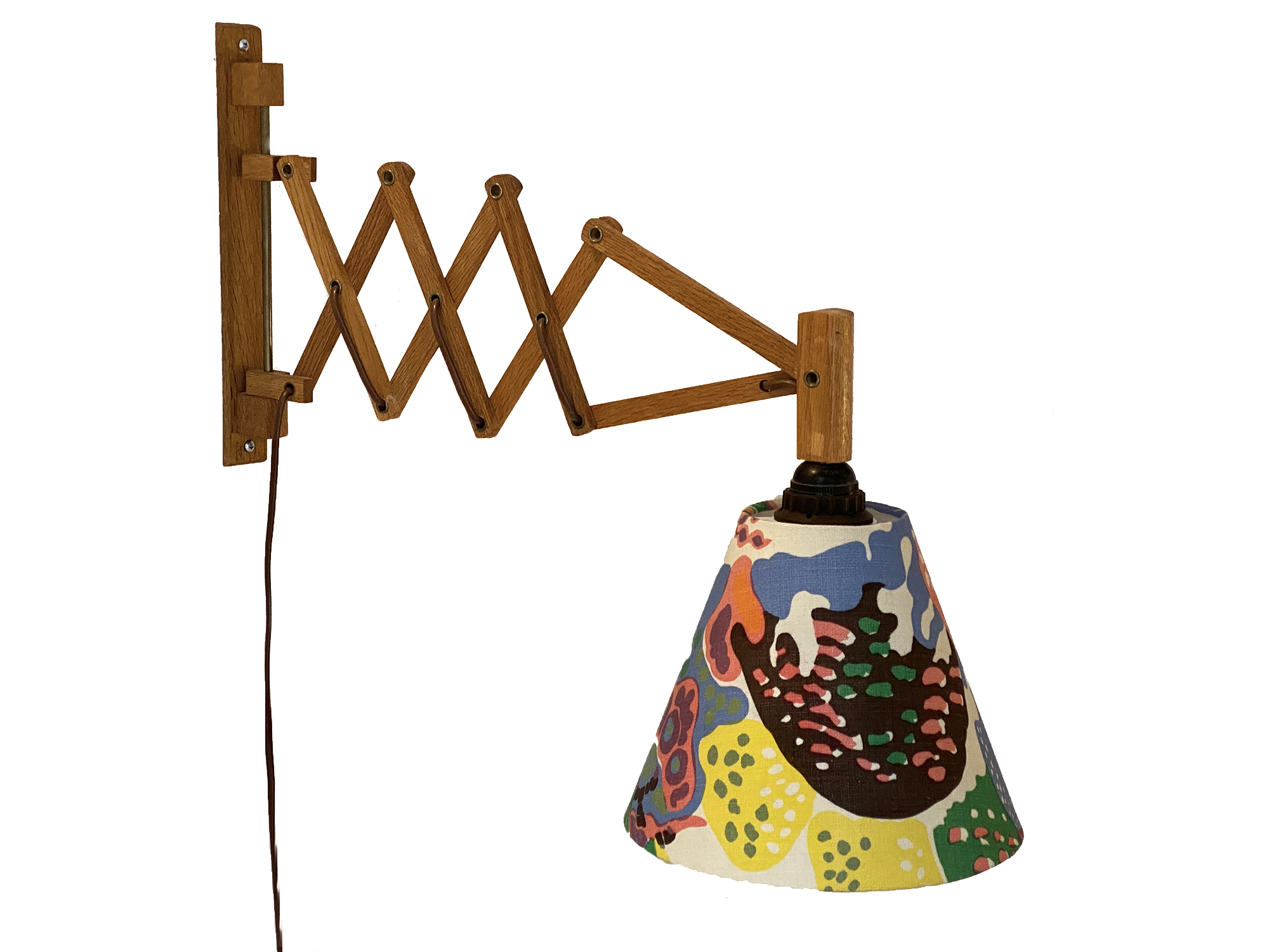 Wall lamp/scissor lamp with new shade from repurposed 1960s printed fabric from Svenskt Tenn . Sweden 1960s