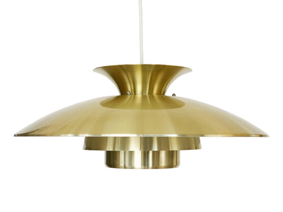 Large brushed aluminum pendant light with golden finish. Denmark 1970s