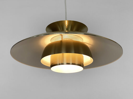 Large brushed aluminum pendant light with golden finish. Denmark 1970s - Image 4