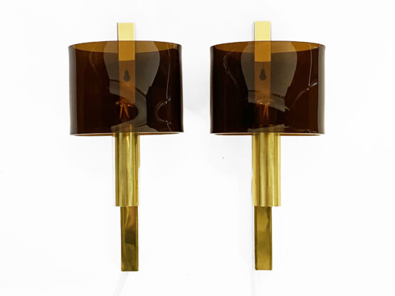 Pair of brass sconces with toned plastic shades. Denmark 1970s - Image 3