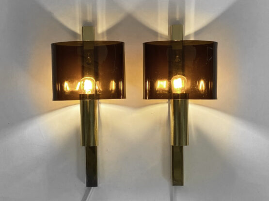 Pair of brass sconces with toned plastic shades. Denmark 1970s - Image 4