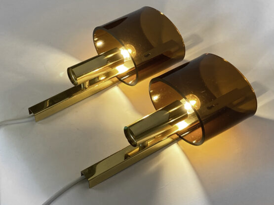 Pair of brass sconces with toned plastic shades. Denmark 1970s - Image 6