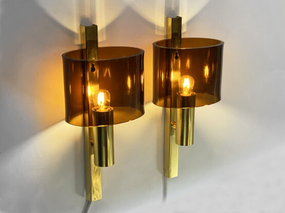 Pair of brass sconces with toned plastic shades. Denmark 1970s - Image 2