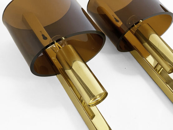 Pair of brass sconces with toned plastic shades. Denmark 1970s - Image 8