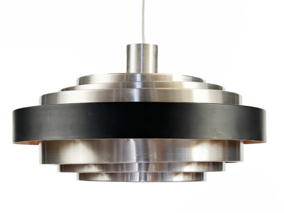 Multi layered "space age" pendant light in brushed aluminium with red light effect. Denmark 1960s