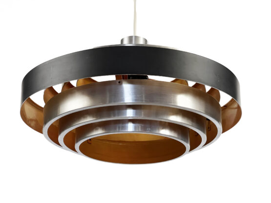 Multi layered "space age" pendant light in brushed aluminium with red light effect. Denmark 1960s - Image 3