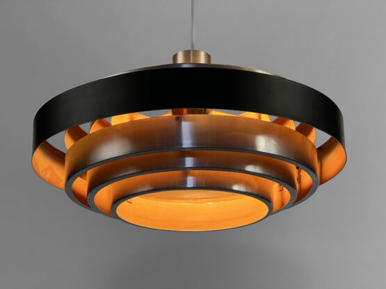 Multi layered "space age" pendant light in brushed aluminium with red light effect. Denmark 1960s - Image 4