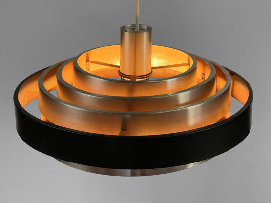 Multi layered "space age" pendant light in brushed aluminium with red light effect. Denmark 1960s - Image 6
