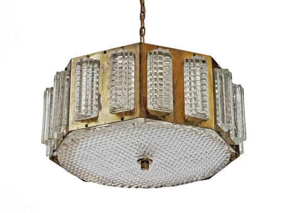 Brass pendant chandelier with glass prisms. Sweden 1960s - Image 6